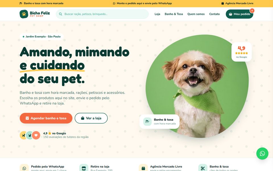 Modelo de site para pet shop com vitrine de produtos